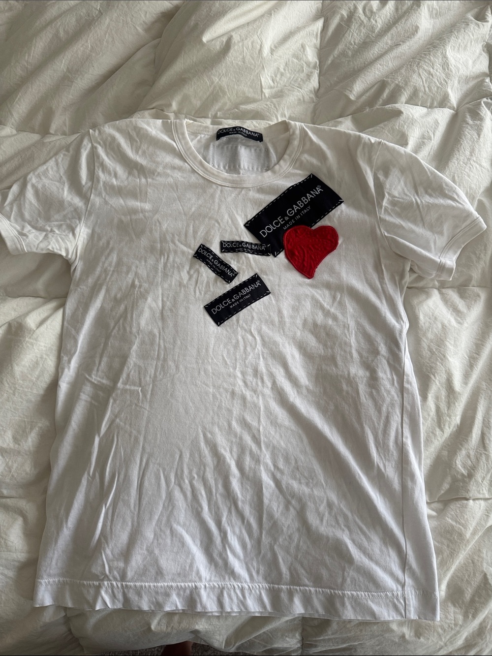 Dolce & Gabbana White Crewneck Tee with Black Logo Tabs & Red Heart